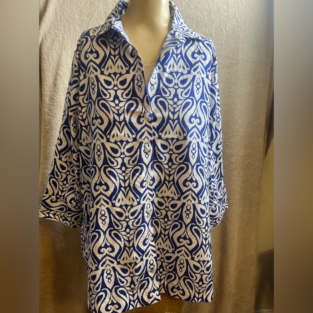 Chico's Blue and White Oversized Button Down Shirt